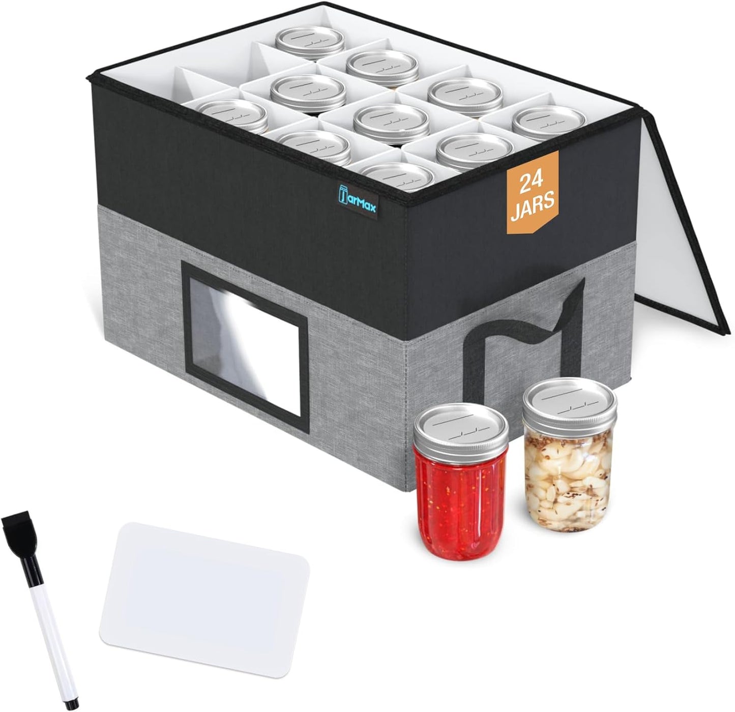 2 Tier 16 oz Pint Mason Jar Storage, Sturdy Pantry Canning Jar Storage Containers, Holds 24 Pint Ball Mason Jars, Foldable Canning Organizer, Stackable Storage Box with Lid & Label holder