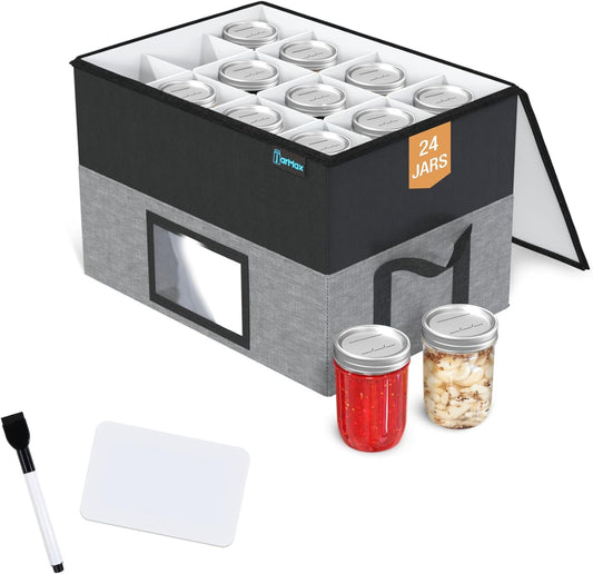 2 Tier 16 oz Pint Mason Jar Storage, Sturdy Pantry Canning Jar Storage Containers, Holds 24 Pint Ball Mason Jars, Foldable Canning Organizer, Stackable Storage Box with Lid & Label holder