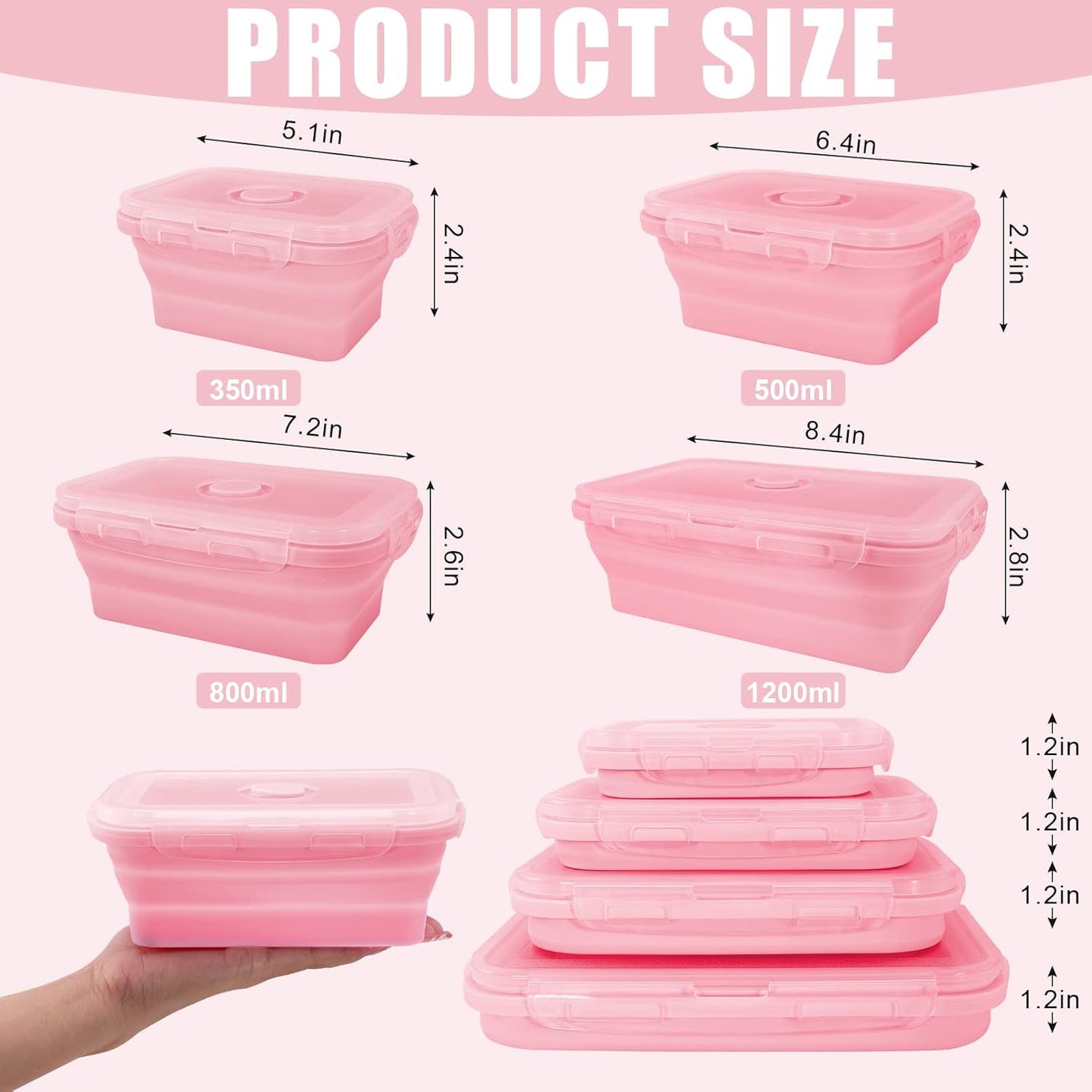 Collapsible Silicone Food Storage Containers with Lids,Set of 4 Silicone Lunch Box Containers,Foldable Meal Prep Container for Kitchen,Microwave & Dishwasher & Freezer Safe,BPA Free(Square Pink,4PCS)