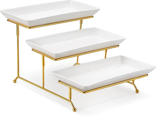 MALACASA 3 Tier Serving Trays for Party, 12 Inch Porcelain White Trays for Serving Food, Dessert Stand with Collapsible Gold Metal Rack