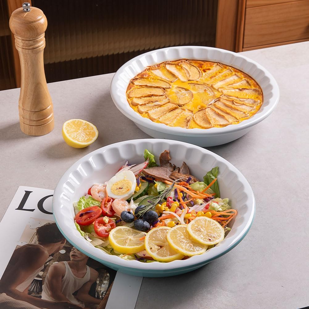 Sweejar Ceramic 10.4 Inch Pie Pan, Deep Porcelain Round Dish, Non-Stick Baking Plate for Pumpkin and Apple Pies, Farmhouse Design (White)