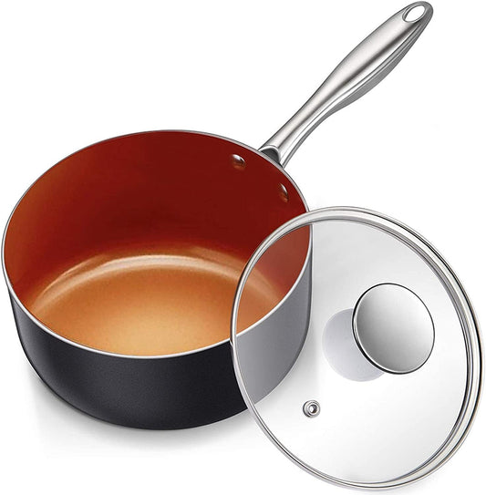 MICHELANGELO Sauce Pan with Lid, Ultra Nonstick 3 Qt Saucepan with Lid, 3 Quart Non Stick Pot Induction Compatible, Ceramic Small Pot, Copper