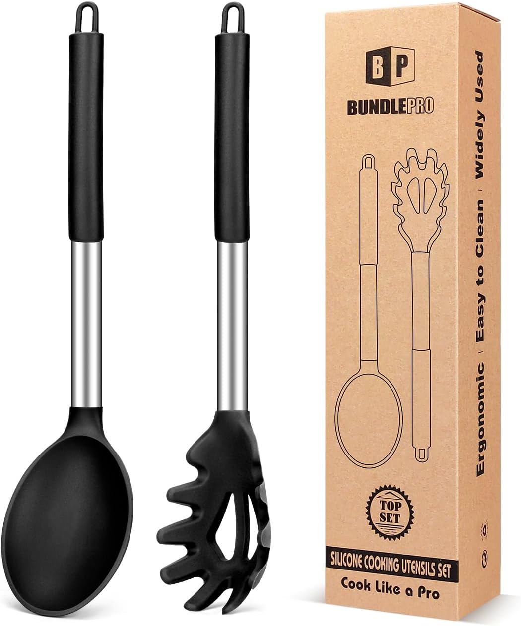 Silicone Pasta Fork and Cooking Spoon Set, Non Stick Kitchen Utensils for Cooking,Stirring,Serving Spaghetti, Soup, Sauce (BLACK)