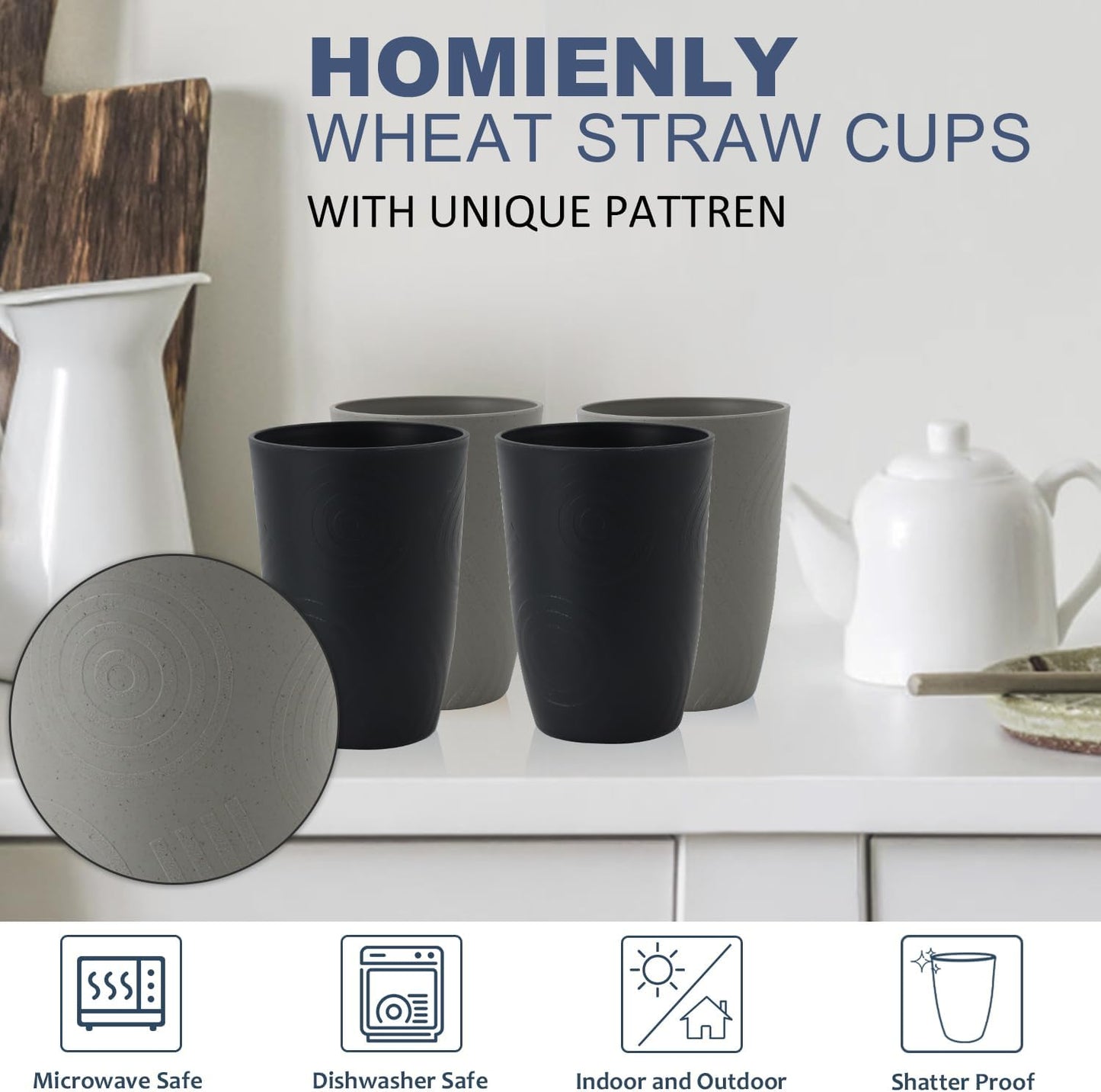 Wheat Straw Cups 6 PCS Plastic Cups Reusable Unbreakable Drinking Cup Dishwasher Safe Water Glasses with Unique Pattern(16 OZ,Black Grey)