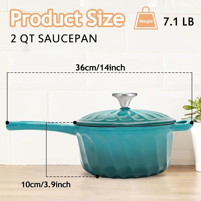 Enameled Cast Iron Sauce Pan, 2 Quart Enameled Saucepan with Lid, Mini Dutch Oven Enamel Saucepan for Cooking Pasta Sauce, Gravy, Puddings, Marinate, Boiling (Blue Green)