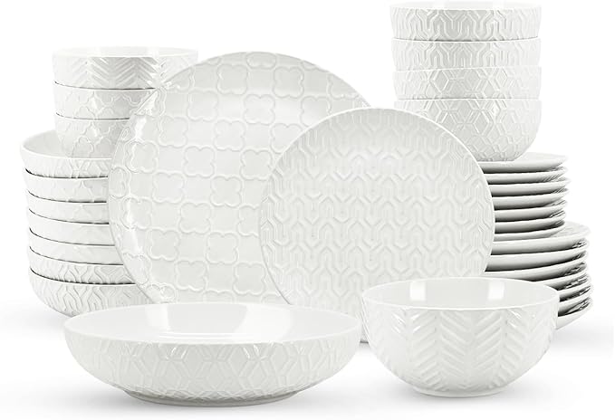 Sureasy 32 Pieces Dinnerware Sets for 8, Ceramic Plates and Bowls Sets, Embossed Scratch Resistant Dinner Set, Dishwasher & Microwave Safe, White