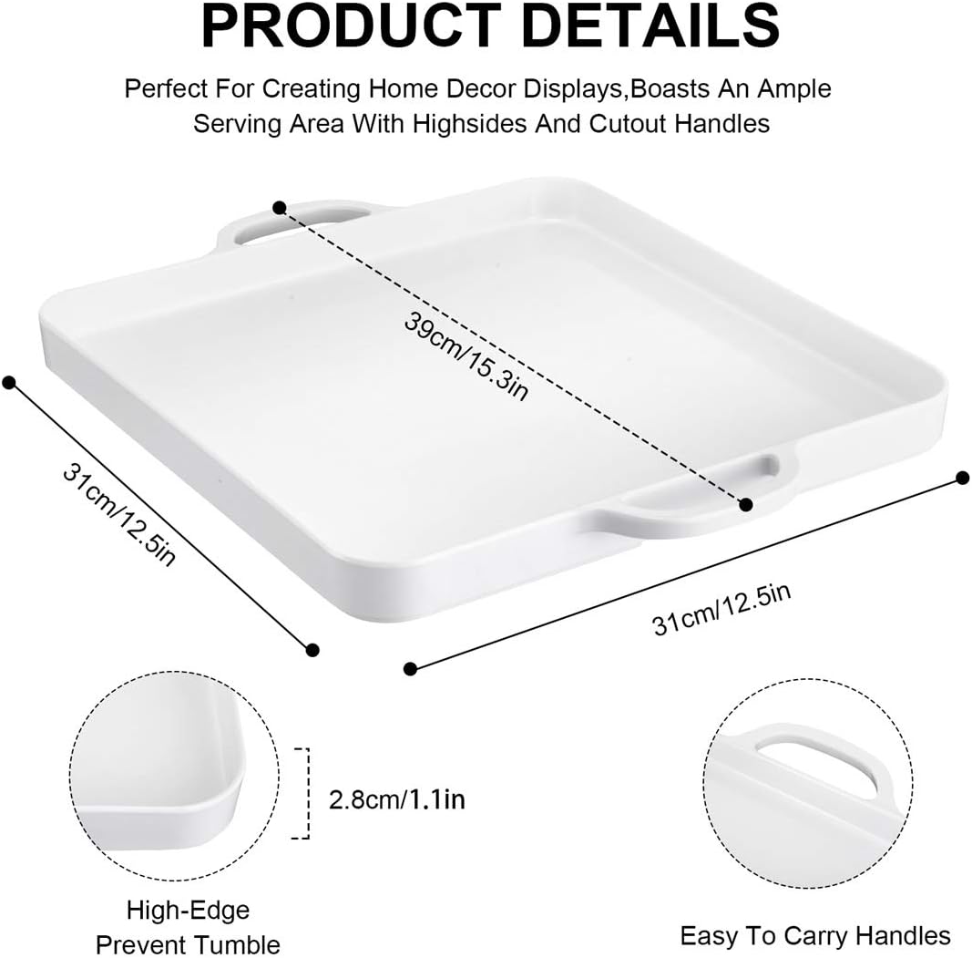 Square Serving Trays with Handles Melamine White 12.5x12.5 Inch Spill Proof Kitchen Eating Trays Set of 2 for Cafeteria Cafe Food Appeizer Dessert Snack Dinner Lunch Breakfast,TR14-02