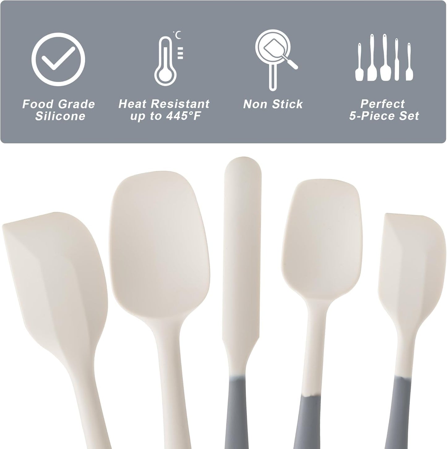 Silicone Spatula Set, 5 Piece Food Grade Rubber Spatulas for Baking, Cooking, and Mixing High Heat Resistant Non Stick Dishwasher Safe BPA-Free (Gray+White)