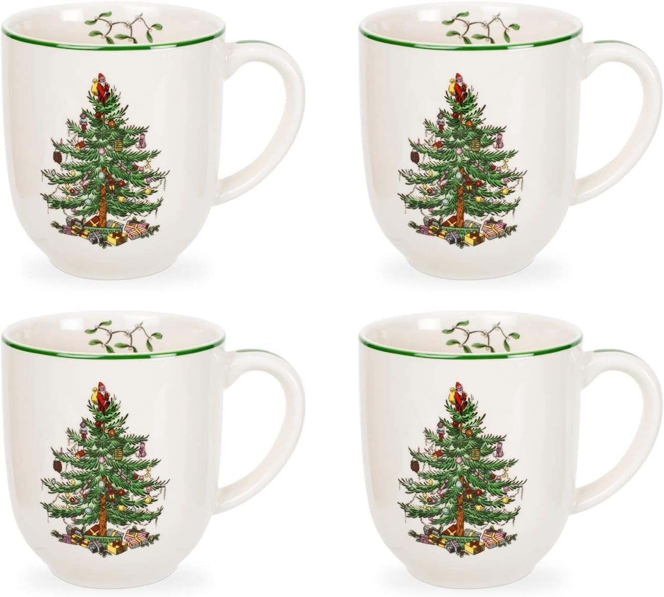 Spode Christmas Tree Cafe Mug (Set of 4) - 14 Oz Ceramic Holiday Coffee Mugs for Tea, Hot Chocolate, Lattes - Festive Design with Santa and Christmas Tree Motif - Microwave & Dishwasher Safe