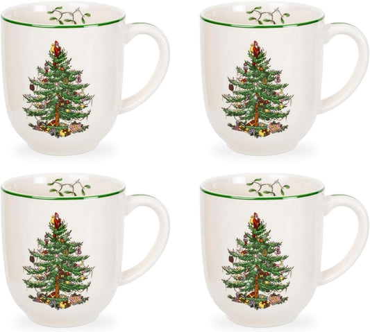 Spode Christmas Tree Cafe Mug (Set of 4) - 14 Oz Ceramic Holiday Coffee Mugs for Tea, Hot Chocolate, Lattes - Festive Design with Santa and Christmas Tree Motif - Microwave & Dishwasher Safe