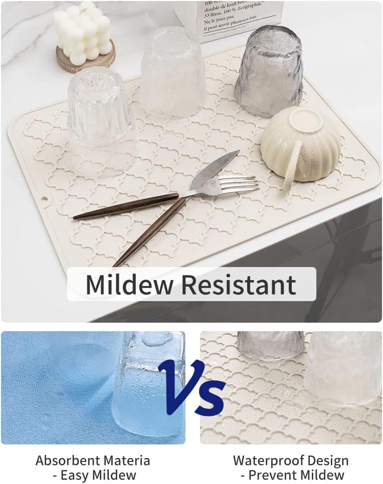 AMOAMI Dish Drying Mat,Heat-resistant,Easy Clean,Silicone Dish Drying Mats for kitchen Counter,Kitchen Gadgets Kitchen Accessories Kitchen Small Appliances (12" x 16", BEIGE)