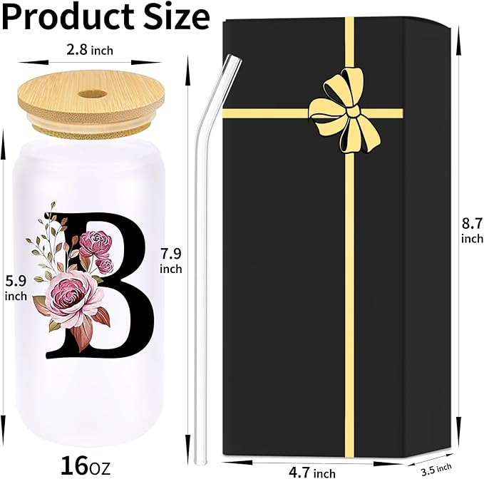 Monogrammed Glass Drinking Cup With Lid Straw Women Girl Friend Birthday Gift 16th 18th 19th 20th 21st 30th 40th 50th 60th 70th 80th 90th 45th 65th 75th 1974 1964 40 60 70 Year Old Funny Meaningful,B