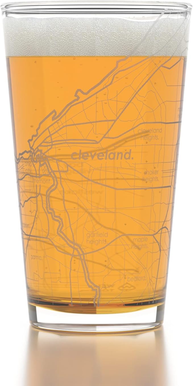 Well Told Engraved Cleveland Ohio Map Pint Glass, Etched Beer Gift (16 oz, Clear) City Map Pint, Custom City Glassware, Gifts For Beer Lovers