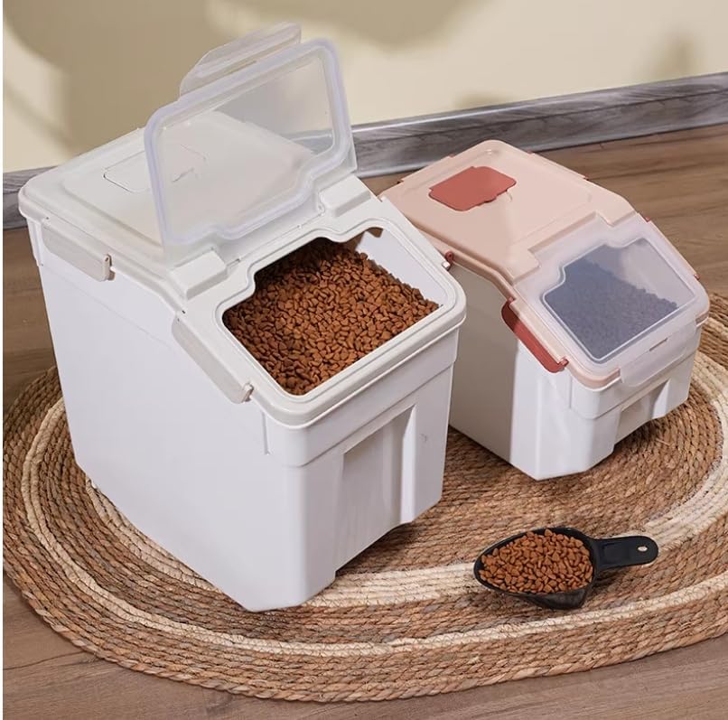 2 Pack Rice Storage Container 25 lbs, Airtight Flour Storage Containers with Lid and Wheels, Measuring Cup & Scoop, BPA Free, Bulk Food Dispenser for Sugar, Grain, Cereal - Pet Food Bin (Grey)