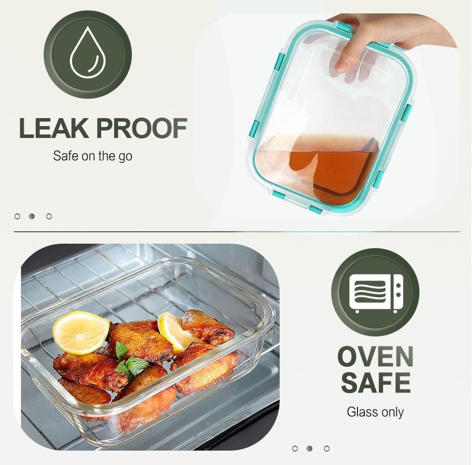 KOMUEE 10 Packs 30 oz Glass Meal Prep Containers,Glass Food Storage Containers with Lids,Airtight Lunch Bento Boxes, Microwave, Oven, Freezer and Dishwasher,Green