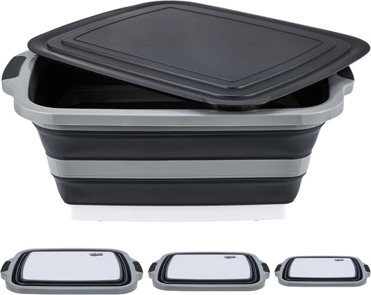 TANOSHII 3-Piece Collapsible BBQ Prep Tubs with Lids and Built-in Cutting Board – For Meal Prep Marinating Food Storage&Washing – Picnic Camping – Set of 3 – (1) Medium + (1) L + (1) XL – Black