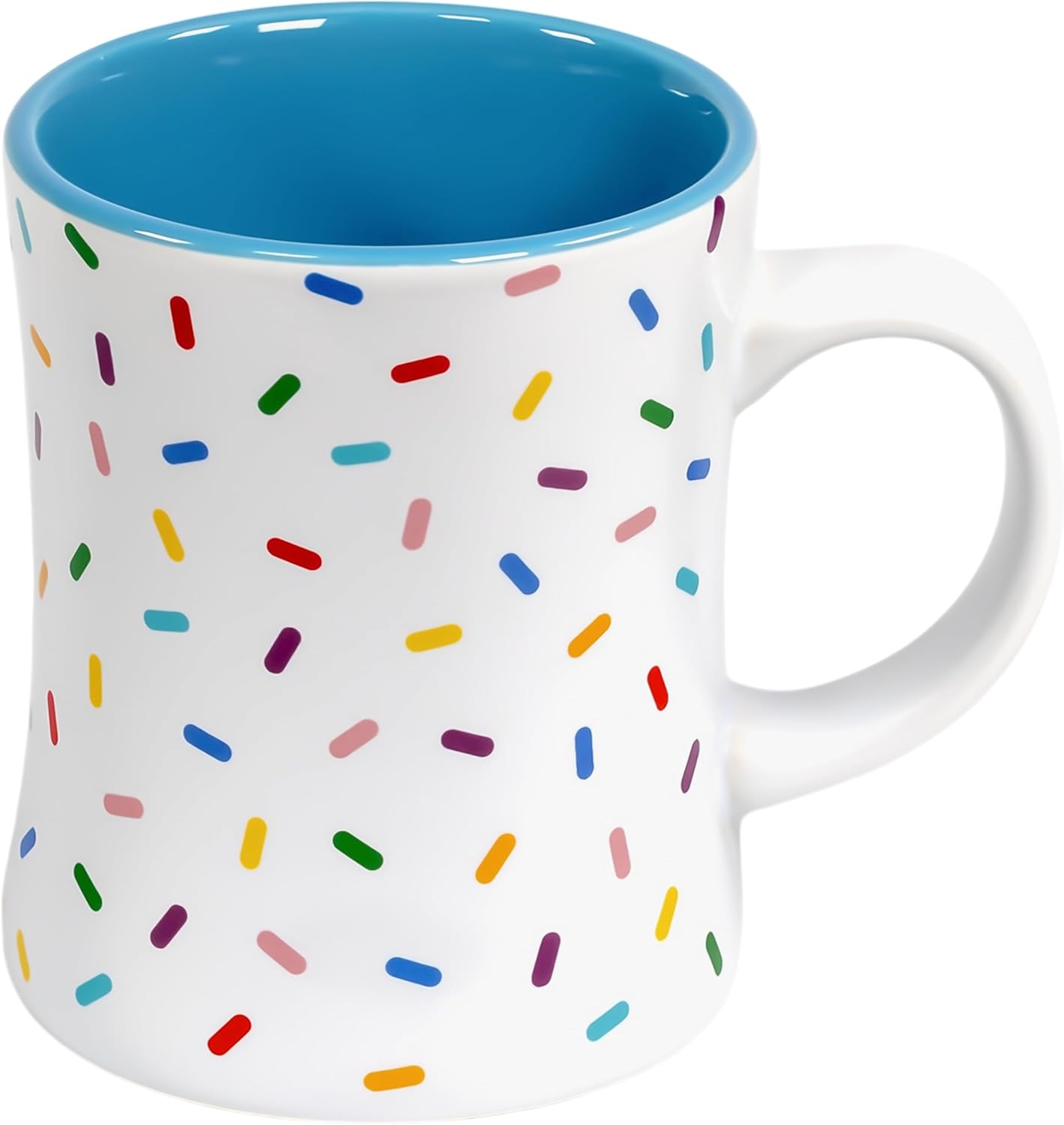 Mug | Denim Blue Cute Coffee Mug with Rainbow Sprinkles | Birthday Cake Coffee Cup Gift | White Ceramic Cup with Green, Yellow, Red, Pink, and Blue Sprinkles | Fun Colorful Pattern