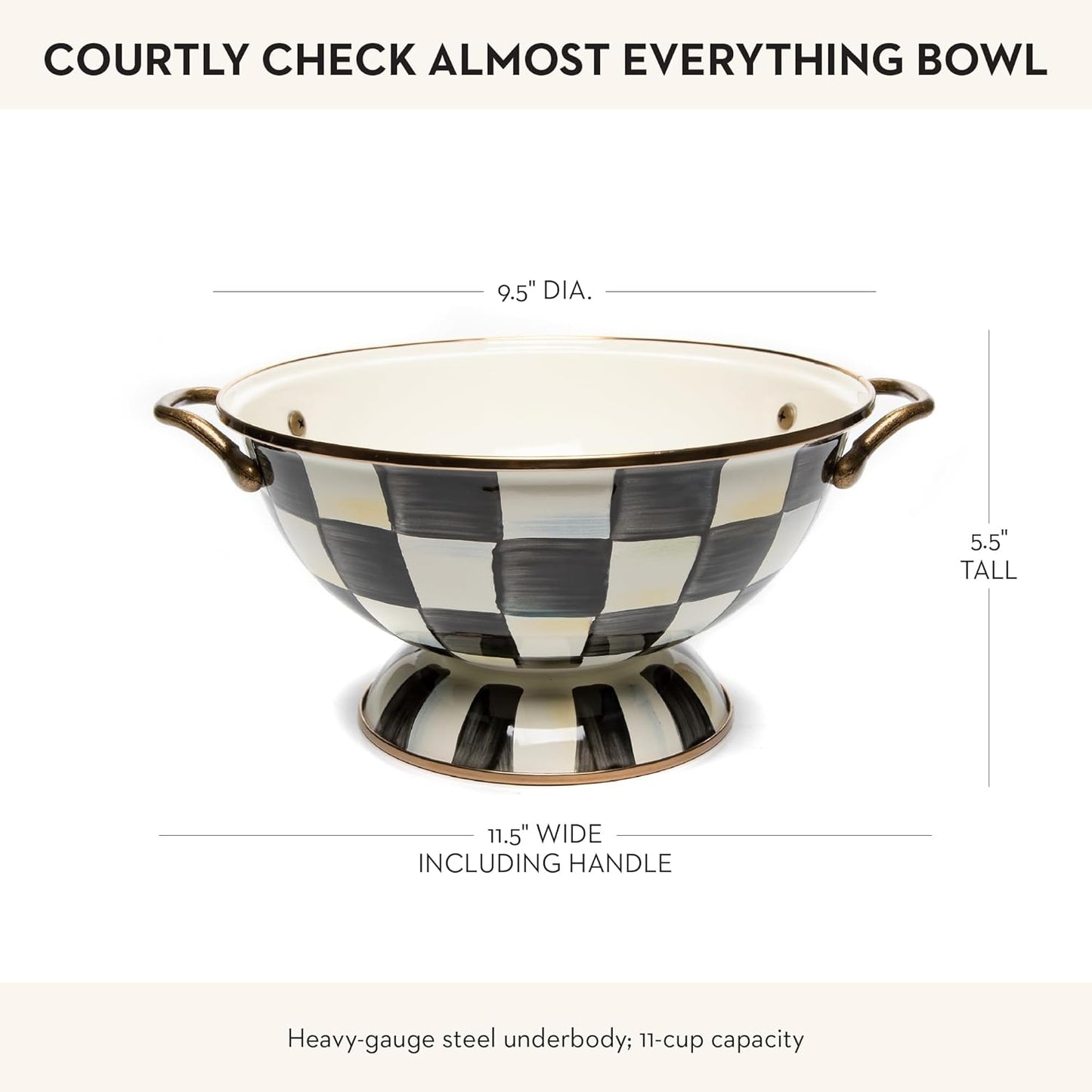 MACKENZIE-CHILDS Enamel Bowl, Small Serving Bowl for Entertaining, Almost Everything Bowl, Black-and-White Courtly Check