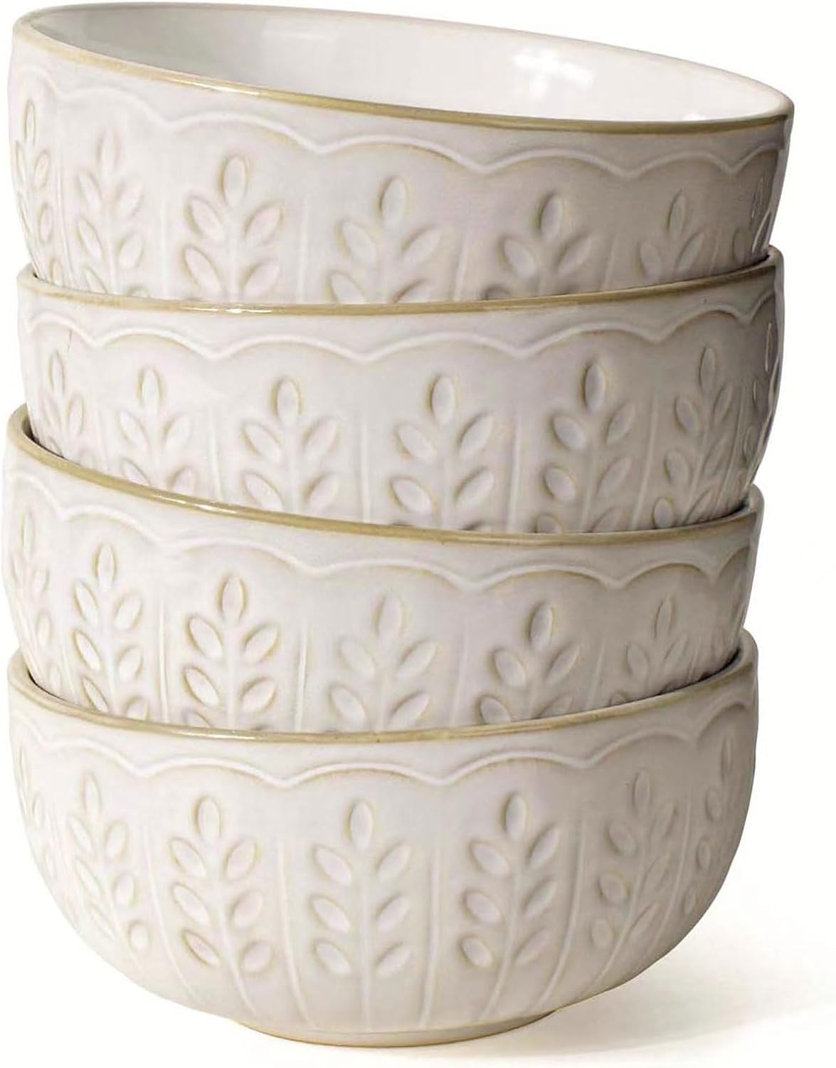 Artena Soup Bowls 32 OZ, Cereal Bowls Set of 4, White Embossment Ceramic Ramen Bowls for Dinner, Salad, Pho, Noodle, Pasta, Snacks, Dishwasher Microwave Safe, 6.3 Inch, Wheat Leaf