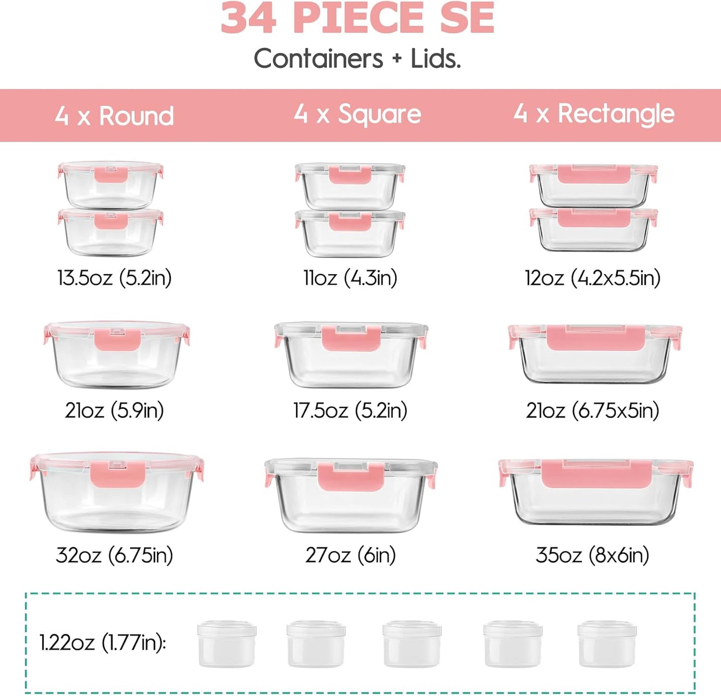 34pcs Glass Food Storage Containers with Lids Set, Airtight Glass Meal Prep Containers (17 Containers & 17 Lids), Leak Proof Lunch Containers BPA-Free, Microwave, Oven, Freezer, Dishwasher Safe-PINK