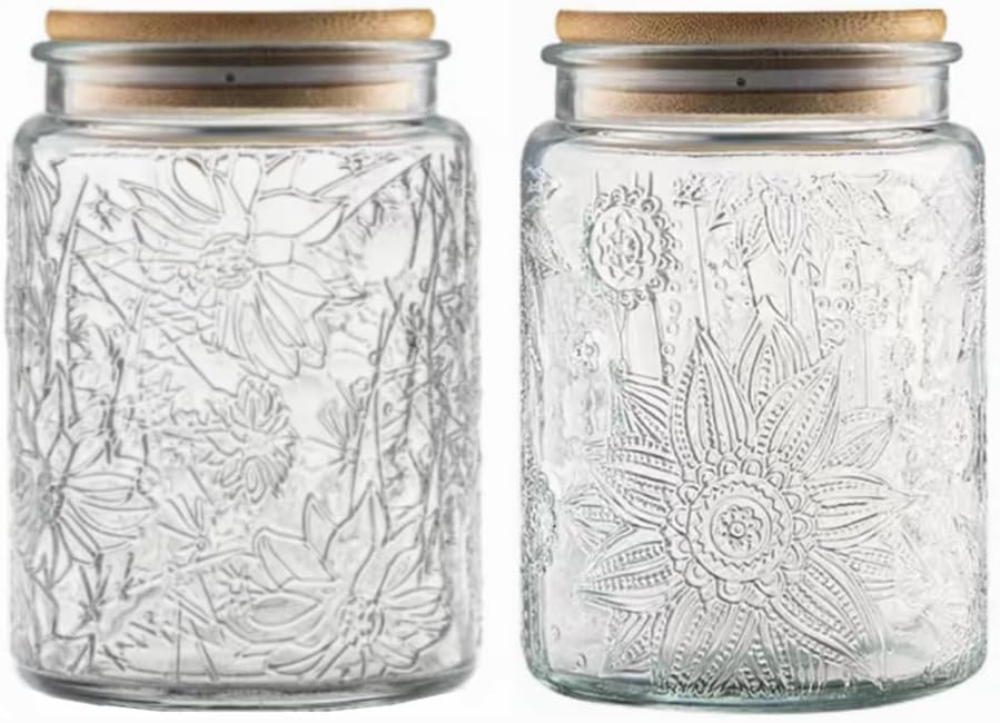 Set of 2 Vintage Glass Jars, 23.7 FL OZ Candy Jars with Lids, Sugar Container Mason Jars for Home Kitchen Pantry, Cute Jar (Daisy & Sunflower)