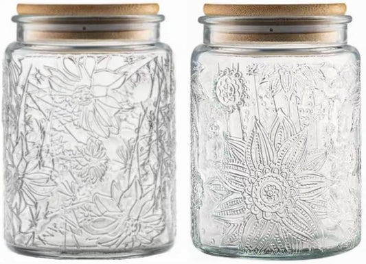 Set of 2 Vintage Glass Jars, 23.7 FL OZ Candy Jars with Lids, Sugar Container Mason Jars for Home Kitchen Pantry, Cute Jar (Daisy & Sunflower)