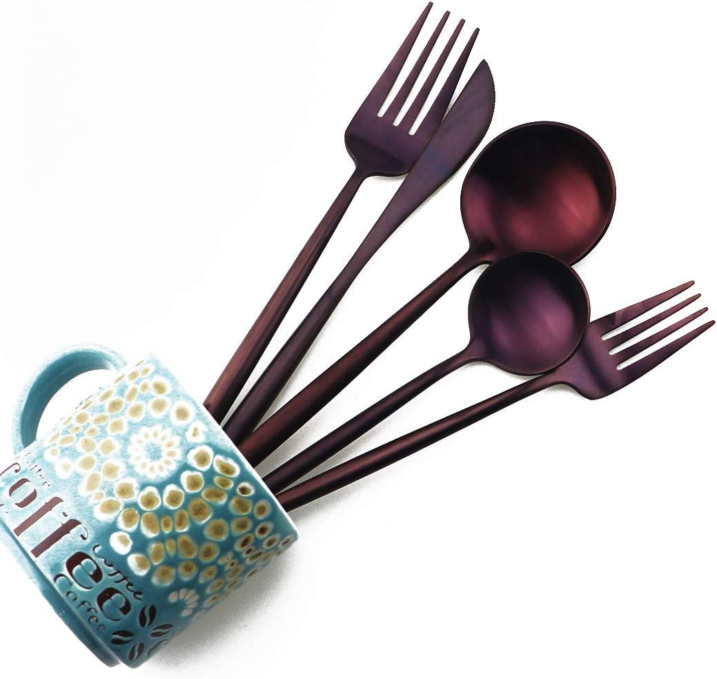 Matte Purple Silverware Set,Gugrida 5-Piece 18/10 Stainless Steel Satin Finish Flatware Set,Kitchen Utensil Set,Tableware Travel Cutlery Set for Camping Office or School Lunch, Dishwasher Safe