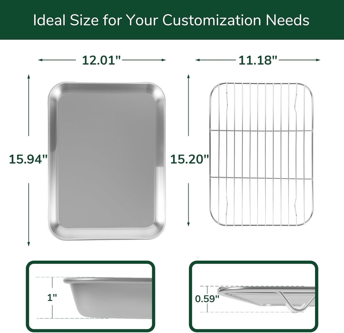 18/0 Stainless Steel Baking Sheet with Cooling Rack, Oven-Safe Non-Toxic Cookie Sheets for Baking, Set of 4, Coating Free & Rust Resistant for Healthy Family Baking, Easy to Clean, Heavy-Duty