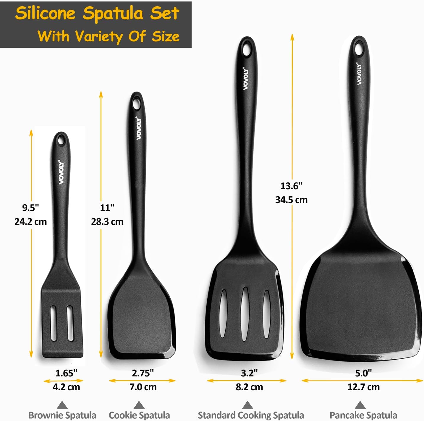 Silicone Spatula Set, 600°F Heat Resistant Silicone Spatula Turner Flipper for Cooking, Non Stick and Non Scratch Kitchen Utensils for Eggs & Pancakes, 4 Pack, Black