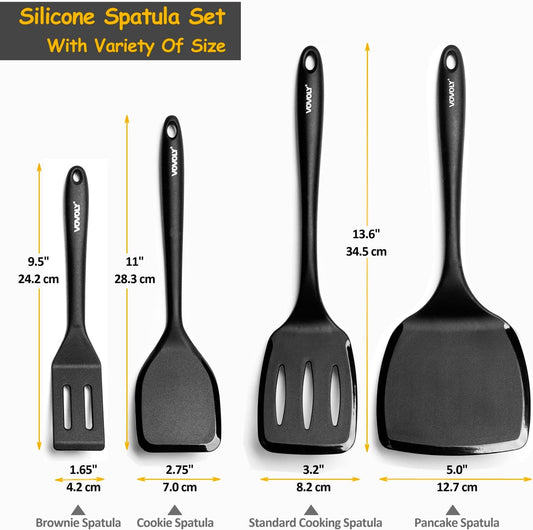 Silicone Spatula Set, 600°F Heat Resistant Silicone Spatula Turner Flipper for Cooking, Non Stick and Non Scratch Kitchen Utensils for Eggs & Pancakes, 4 Pack, Black
