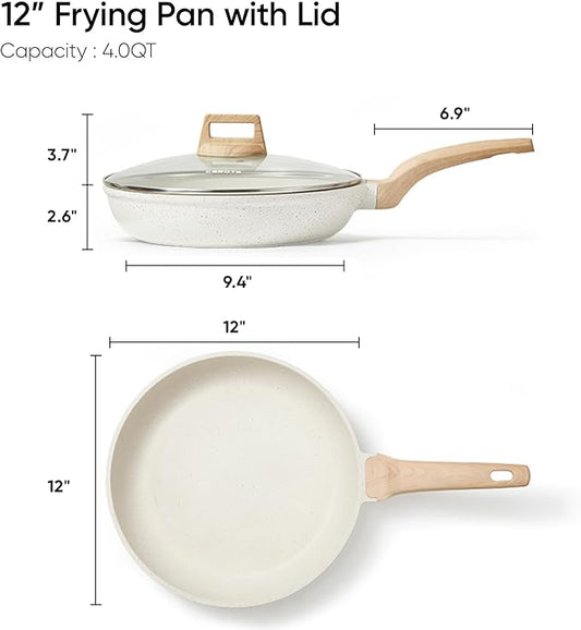 CAROTE 12 Inch Non Stick Frying Pan with Lid,White Granite Nonstick Skillet Omelet Pans, Egg Pan Granite Cookware, PFOS & PFOA Free