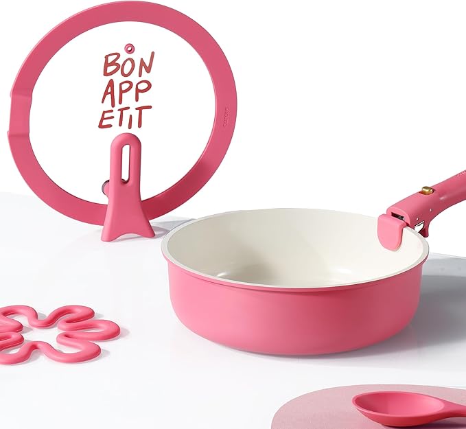 CAROTE 18Pcs Pots and Pans Set Non Stick, Nonstick Ceramic Cookware Set with Detachable Handle, Non Toxic Kitchen Cooking Sets, PFOA Free, Oven Safe, Stackable Induction Ready, Pink