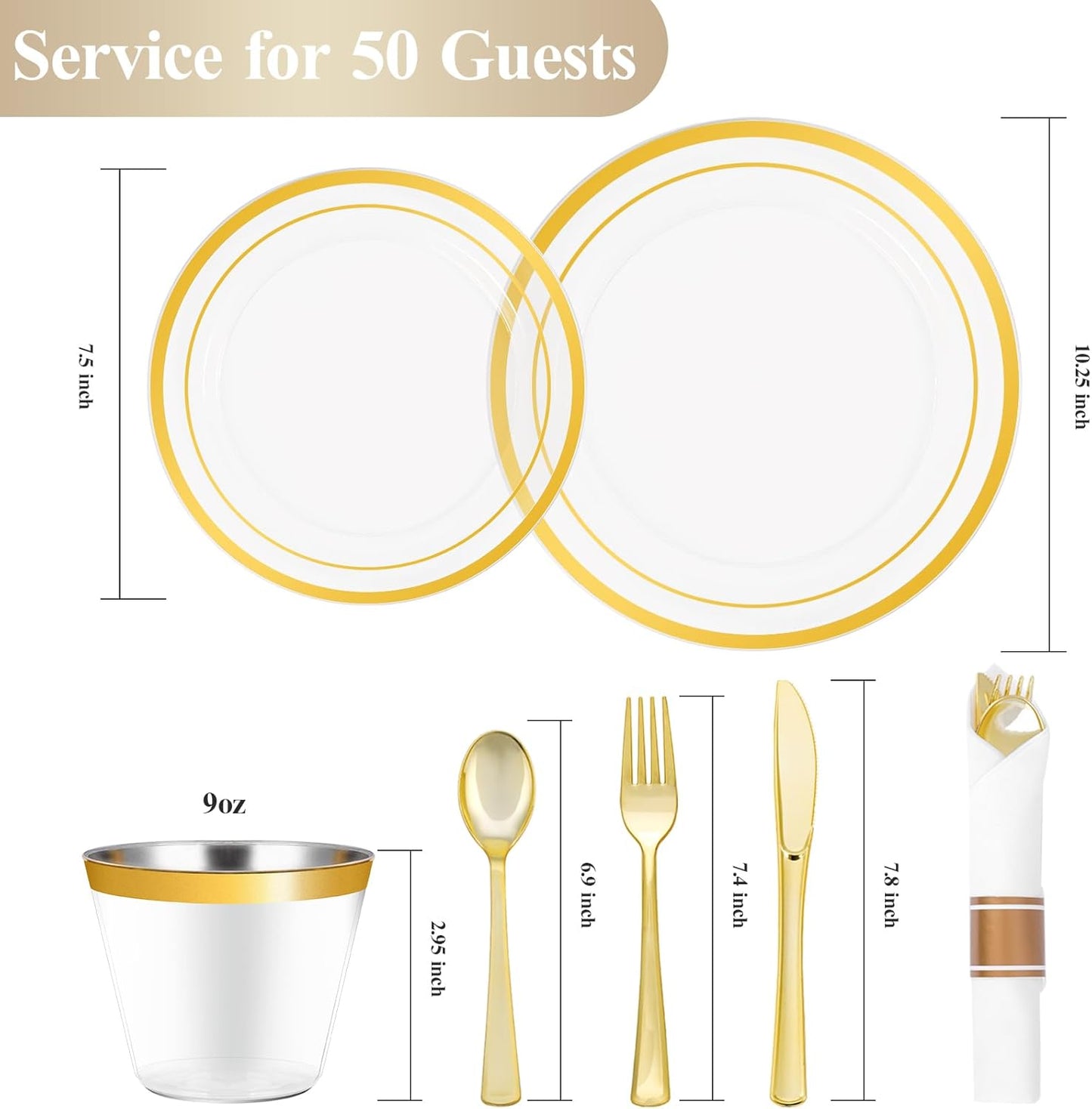 350 PCS Transparent Base With Gold Edge Plastic Dinnerware Set for 50 Guests, 100 Plates for Party, 50 Pre Rolled Napkins with Gold Silverware, 50 Cups