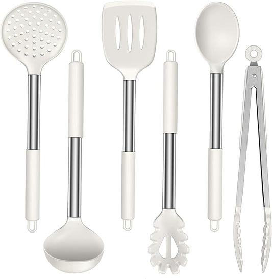 LIANYU Silicone Cooking Utensils Set, 6 Piece Kitchen Cooking Utensils Set, Heat Resistant Kitchen Spatula Gadgets Tools for Nonstick Cookware, Stainless Steel Handle, Dishwasher Safe, White