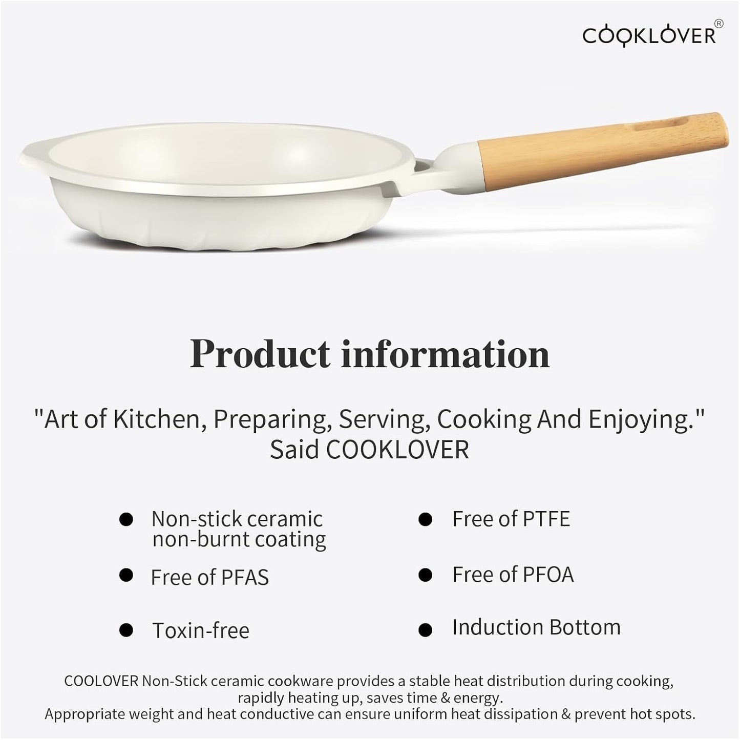 COOKLOVER Nonstick Frying Pan 100% PFOA Free Cookware Induction Skillet Stir Fry Pan (Cream white, 7.9 inch)