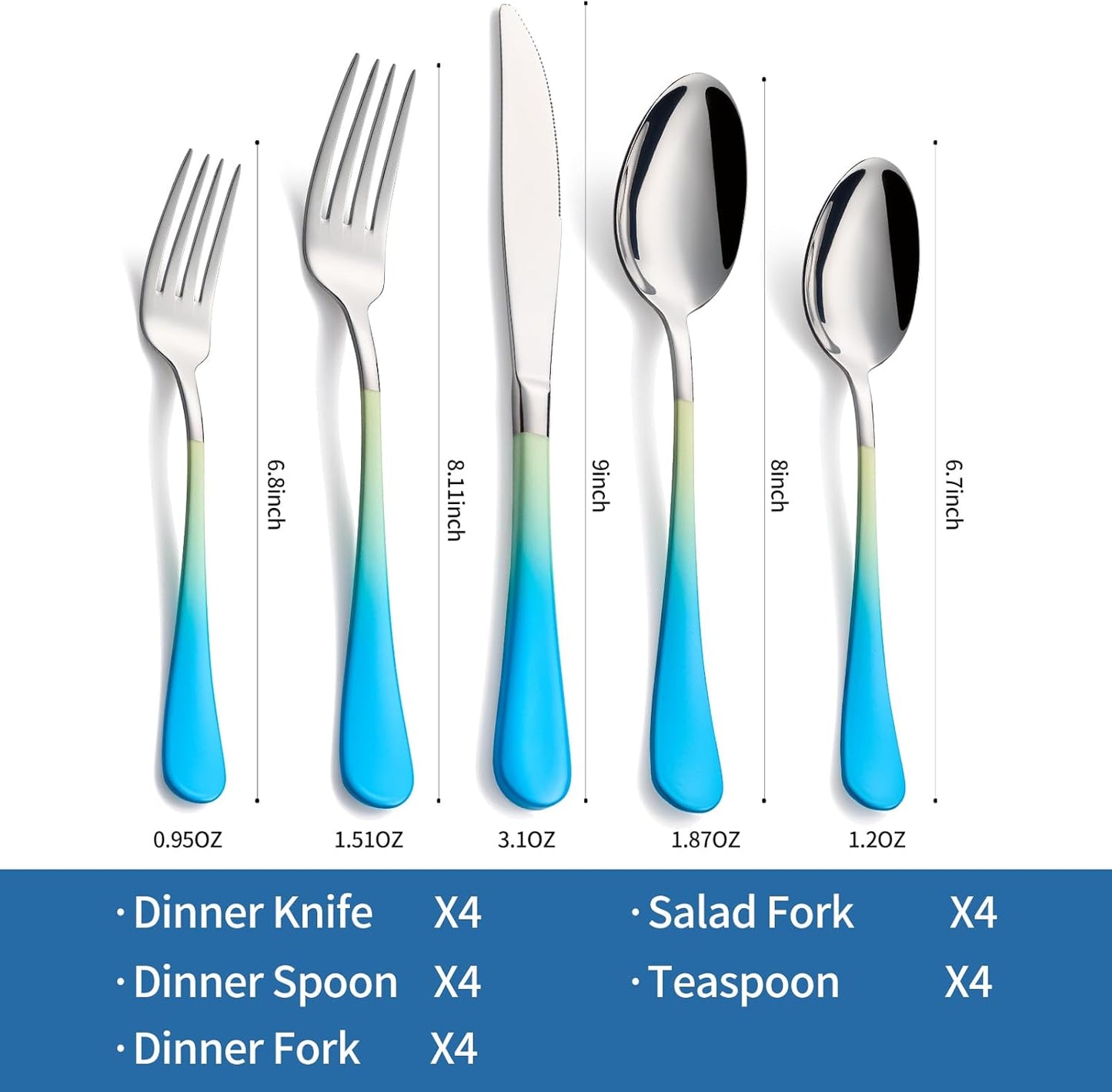 20-Piece Yellow&Blue Silverware Set, 18/0 Stainless Steel Colorful Handle Flatware Set, Service for 4, Modern Cutlery Set Includes Dinner Knives Forks Spoons, Mirror Polished, Dishwasher Safe