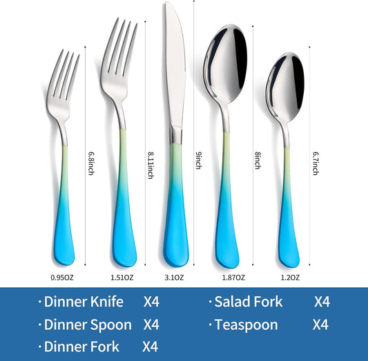 20-Piece Yellow&Blue Silverware Set, 18/0 Stainless Steel Colorful Handle Flatware Set, Service for 4, Modern Cutlery Set Includes Dinner Knives Forks Spoons, Mirror Polished, Dishwasher Safe