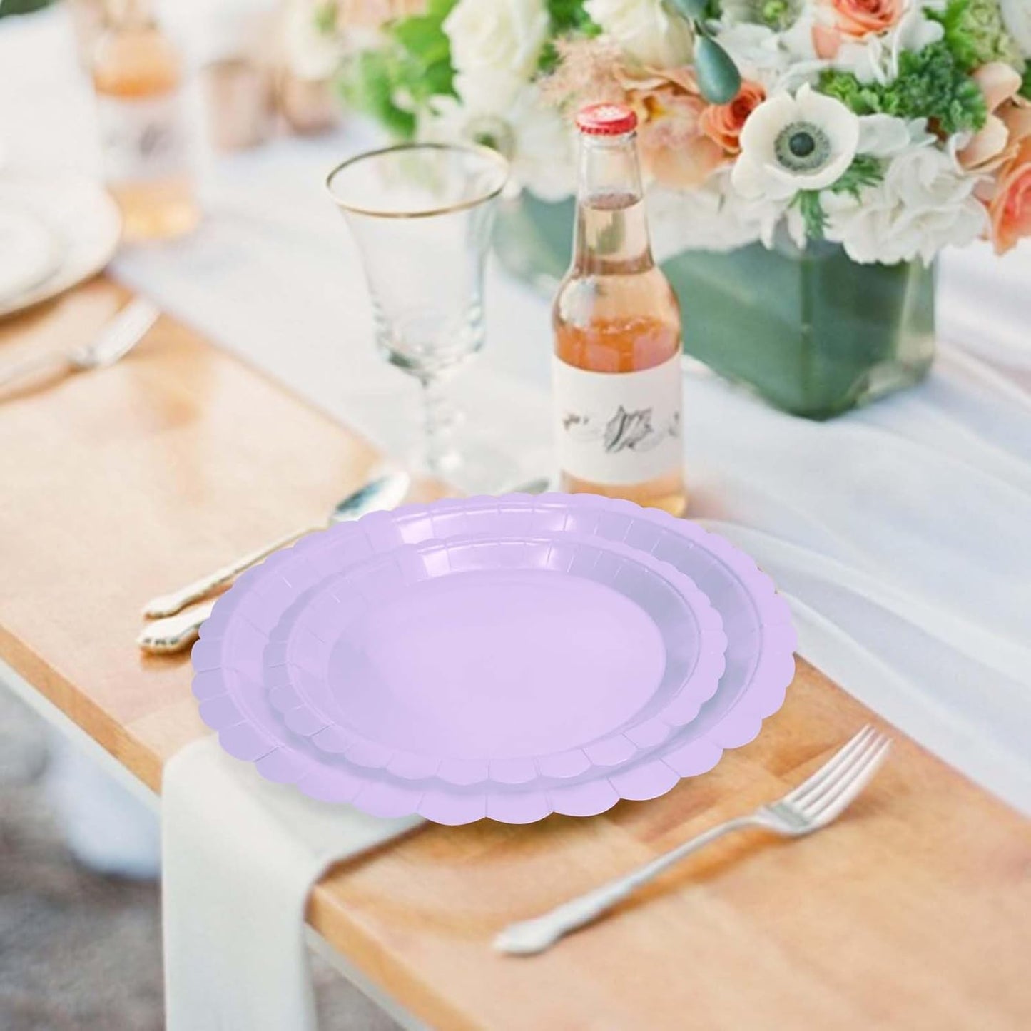 50 Pcs Light Purple Scalloped Paper Plates 25 × 7'' and 25 × 9'' Disposable Lavender Scalloped Dinner Plates for Wedding Baby Shower Birthday Party Disposable Dessert Plate