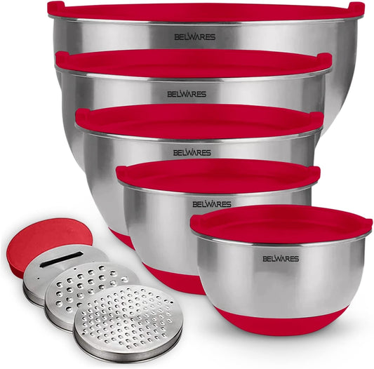 Belwares Mixing Bowls with Lids Set - Nesting Bowls with Airtight Lids + Graters - Stainless Steel Non-Slip Mixing Bowl for Baking, Food Storage and Prepping (Red, 5-Piece Set)