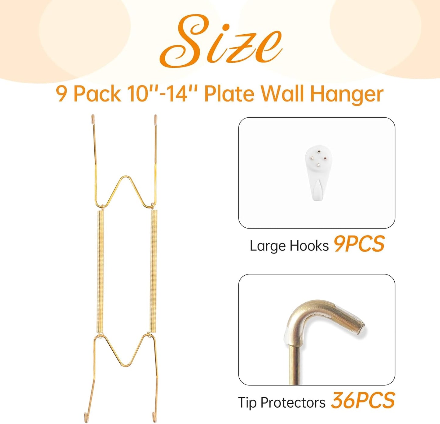 Bilillo 9 Pack Plate Hangers for Wall, Suitable for 10-14 Inch Decorative Plates, Invisible Stainless Steel Heavy Duty Wire Holders with Springs and 9 Pcs Wall Hooks for Displaying Dishes and Platters