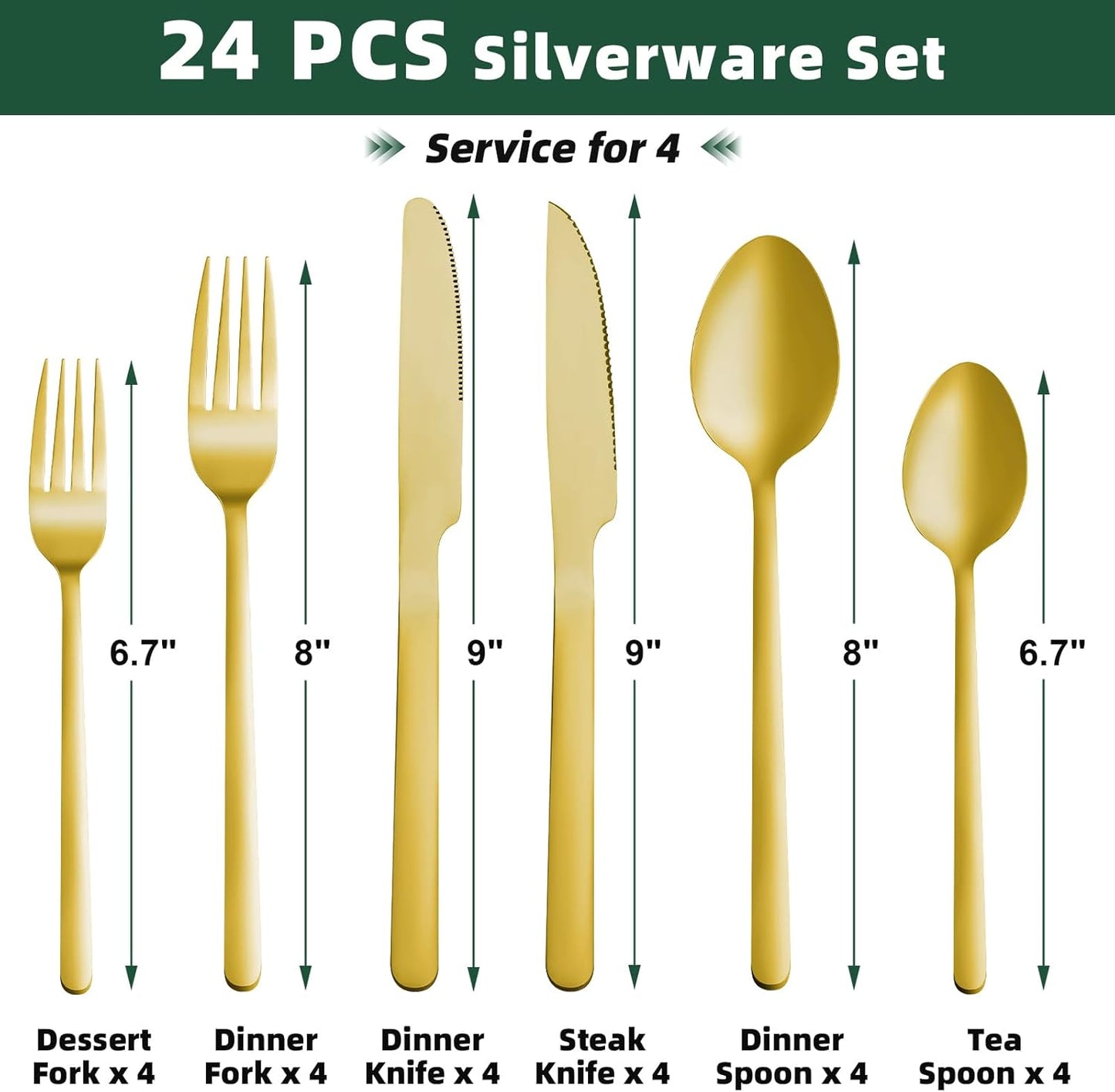 24 Pcs Gold Silverware Set with Steak Knives, Food-Grade Stainless Steel Flatware Cutlery Set for 4, Mirror Polished Tableware Eating Utensils Set for Kitchen, Knife Fork Spoon Set, Dishwasher Safe