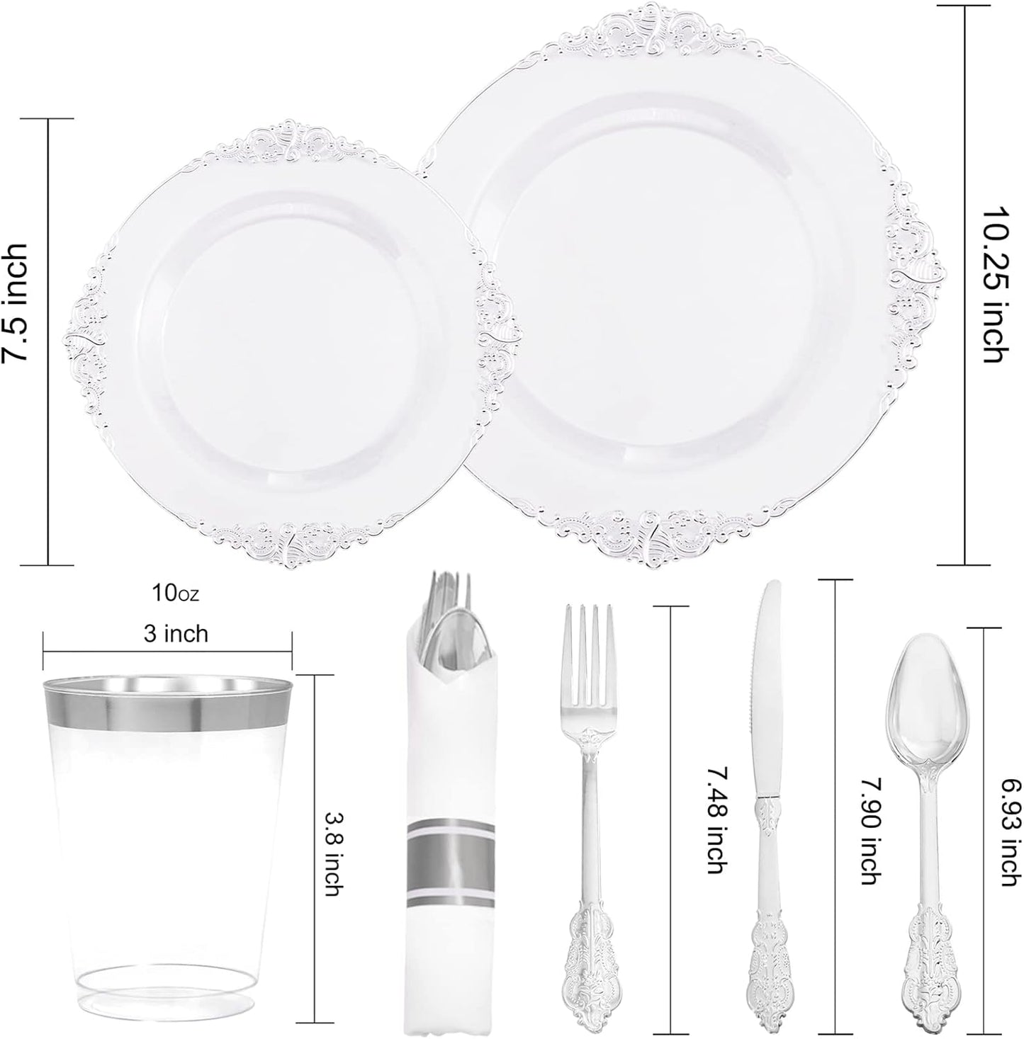 Morejoy 350PCS Clear Silver Plastic Plates - Silver Disposable Plates sets Include 50 Dinner Plates,50 Salad Plates,50 Forks,50 Knives, 50 Spoons，50 Cups, 50 Rolled Napkins for Wedding & Party