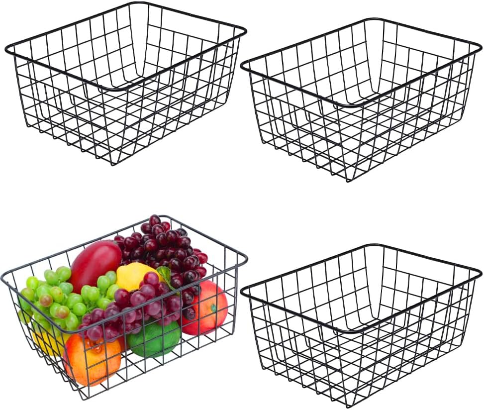 LeleCAT Wire Baskets with Handles Wire Storage Organizer Bin Baskets, Pantry, Closets, Bedrooms - Set of 2（Black）