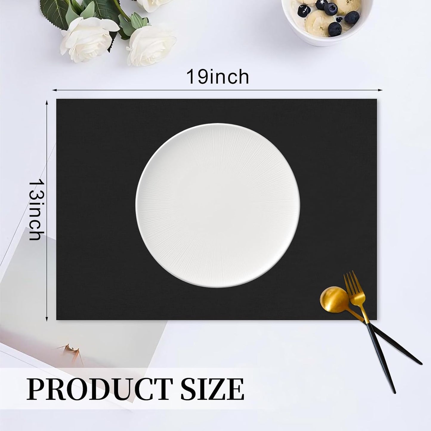 Placemats Set of 6 Linen Type Fabric Cloth Placemats, 19 x 13 Inch Double Layered Thick Wrinkle Free Heat Resistant Table Place, for Dining, Kitchen, Party (Black, 48 * 33cm)