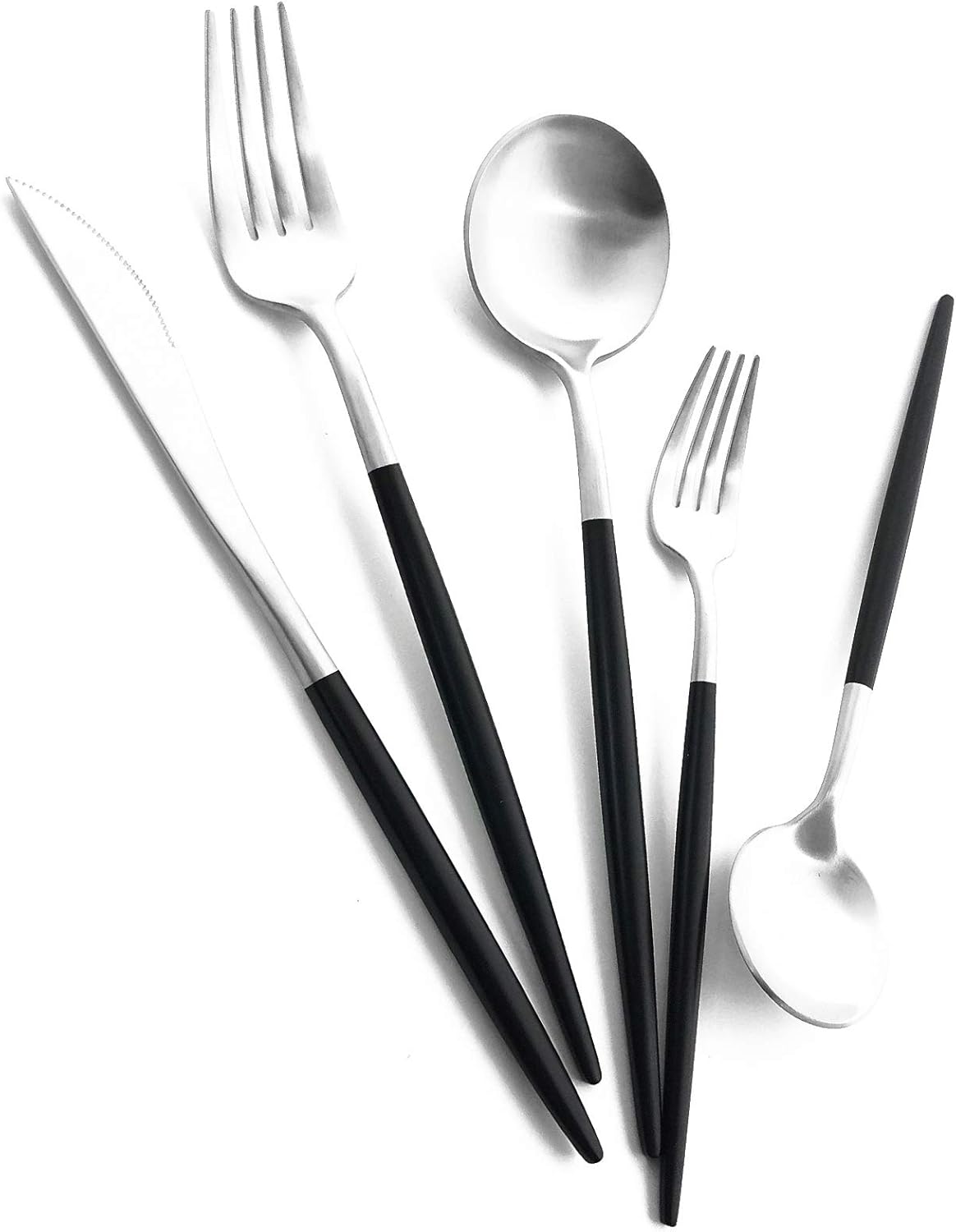 Matte Silverware Set, 20-Piece 18/10 Stainless Steel Satin Finish Flatware Set Service for 4, Kitchen Utensil Set, Tableware Cutlery Set for Home Restaurant (Black Handle Silver, 20-Piece)