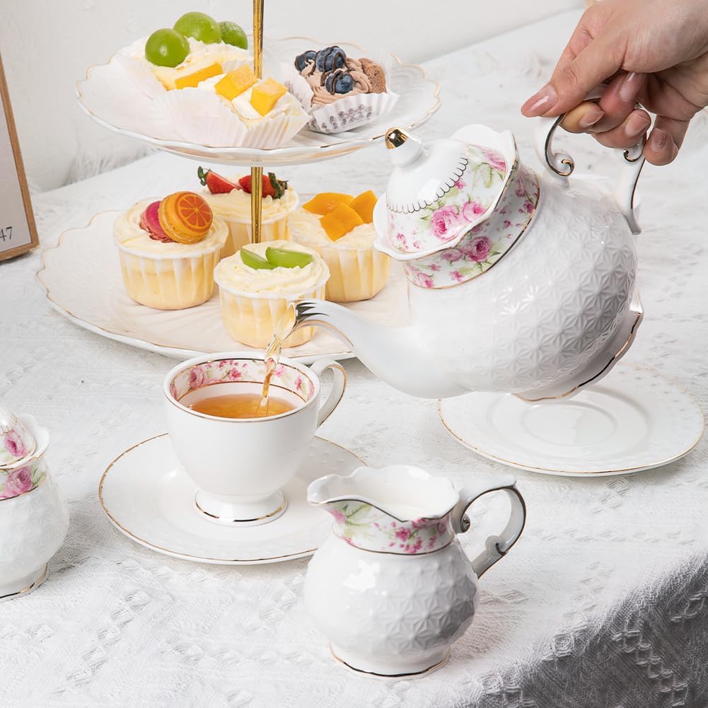Sweejar 21 Pieces Porcelain Tea Set, Vintage Floral Gold Trimmed Teapot Cup and Saucer Set, Tea Cup for Loose Tea, Sugar Bowl and Creamer Pitcher with Spoons, Service for 6(Retro Flower)