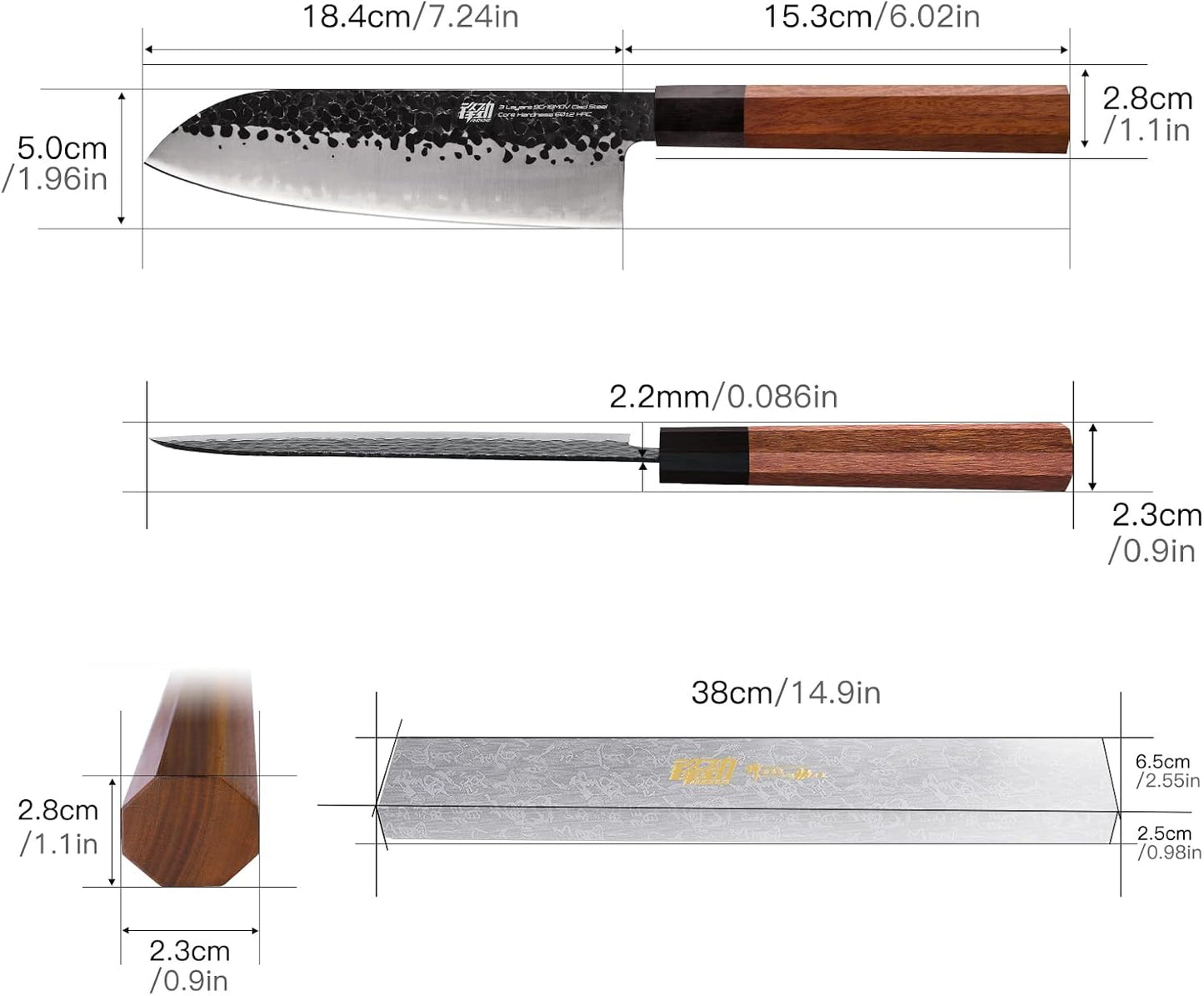 FINDKING Dynasty Series Japanese Santoku Knife, Professional Kitchen Knife, 9Cr18MoV High Carbon Steel Blade, African Rosewood Octagonal Handle, for Meat, Fruits, Vegetables, 7 Inches