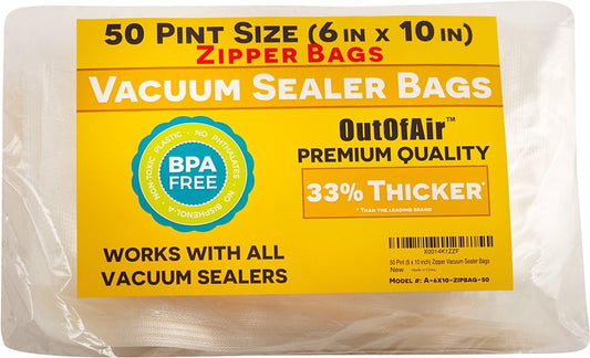 50 Zipper Vacuum Sealer Bags: Pint Size (6" x 10") - OutOfAir Vacuum Seal Zip Bags, Works with FoodSaver & Other Savers, 33% Thicker BPA Free Commercial Grade Great for Snacks On The Go