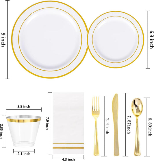 GATHER 350PCS White and Gold Plastic Plates - Disposable Plastic Dinnerware Set Include 50 Dinner Plates, 50 Dessert Plate, 150 Silverware, 50 Napkins, 50 Cups for Party & Wedding & Thanksgiving