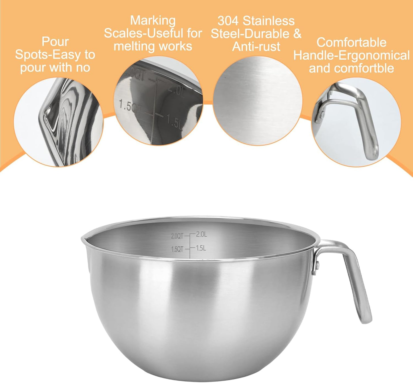 3PCS Double Boiler Pot Set, 2000ML/1.8QT Mixing Bowl with Scale 2800ML/ 2.54QT Stainless Steel Heating Pot with Silicone Spatula for Cheese Chocolate Candy Candle Soap Wax Melting (2000ml+2800ml)